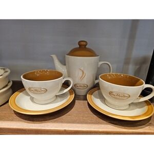 Tim Hortons Ceramic Tea Set Teapot 2‎ Cups 2 Saucers Cream Tan Always Fresh Logo